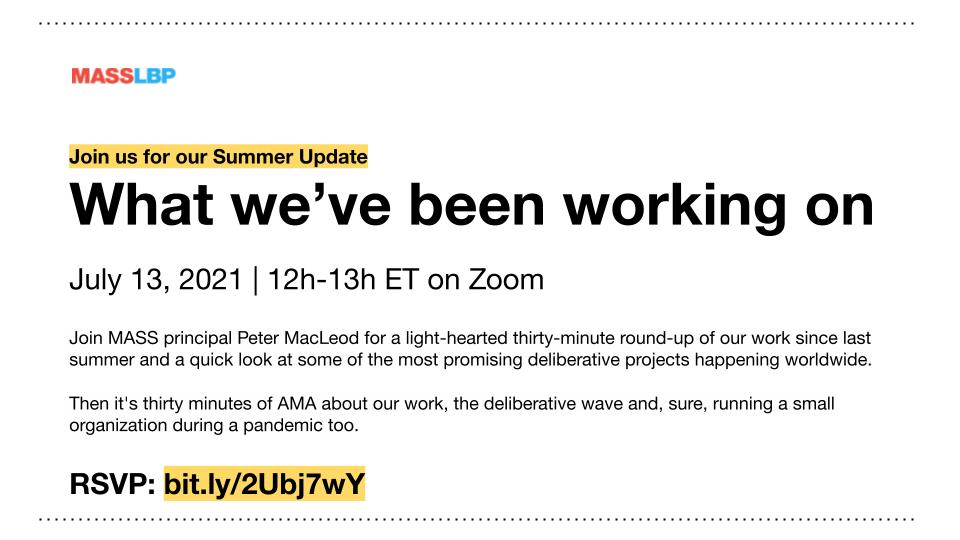 petermacleod's tweet photo. Find out what's been bubbling in the democracy shop.
I'll be talking online hate, disability benefits, auto insurance and health services to name just four projects from the past year. #deliberativewave
July 13, 2021 | 12-13h ET RSVP: https://t.co/i2tSwMFvvO https://t.co/oiLsgHcTT8