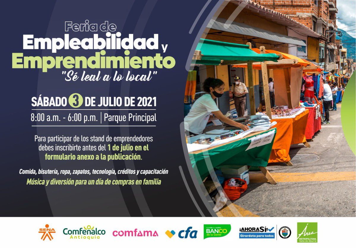 La Secretaría de Planeación y Desarrollo Urbano, el Área Metropolitana del Valle de Aburrá y la Gobernación de Antioquia, invitan a participar este sábado 3 de julio de la Feria de Empleabilidad y Emprendimiento. 

Inscríbete en el siguiente enlace link:forms.gle/bPV4D9FNw6fDwP…