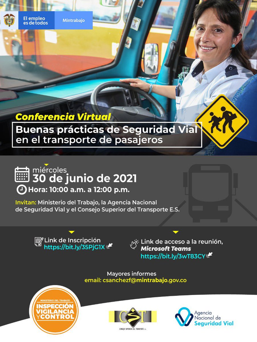 MintrabajoCol's tweet photo. Los invitamos a participar en la conferencia sobre buenas prácticas de Seguridad Vial en el sector de transporte terrestre de pasajeros.

📆 Miércoles 30 de Junio,
🕰 10:00 a.m. 

👉🏻 Inscripci��n: https://t.co/a1W06OfRj1

👉🏻 Link de conexión:
https://t.co/OX44HxCS7A https://t.co/JfyDD0IrBE