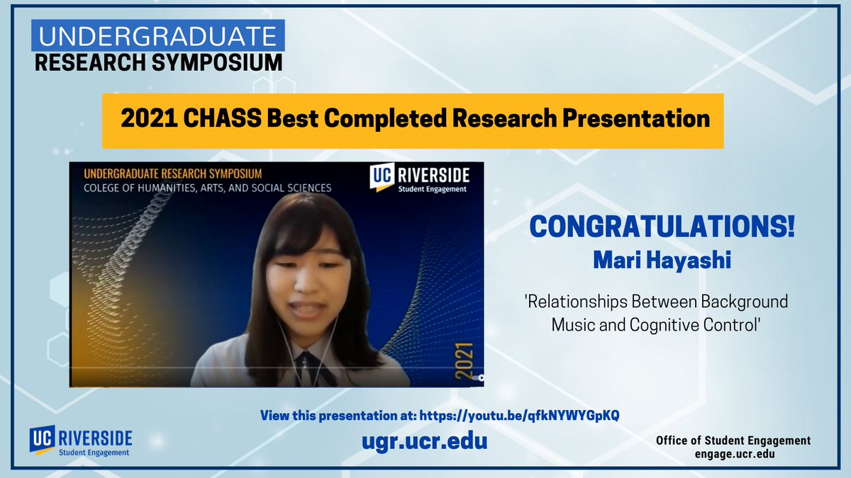 Congratulations to the 2021 CHASS Best Completed Research Presentation from this year's Research Symposium; Mari Hayashi. 
View this presentation at: youtu.be/qfkNYWYGpKQ 
#UCRresearch #ucrstudentengagement 
<a href="/ucrchass/">UCR CHASS</a>