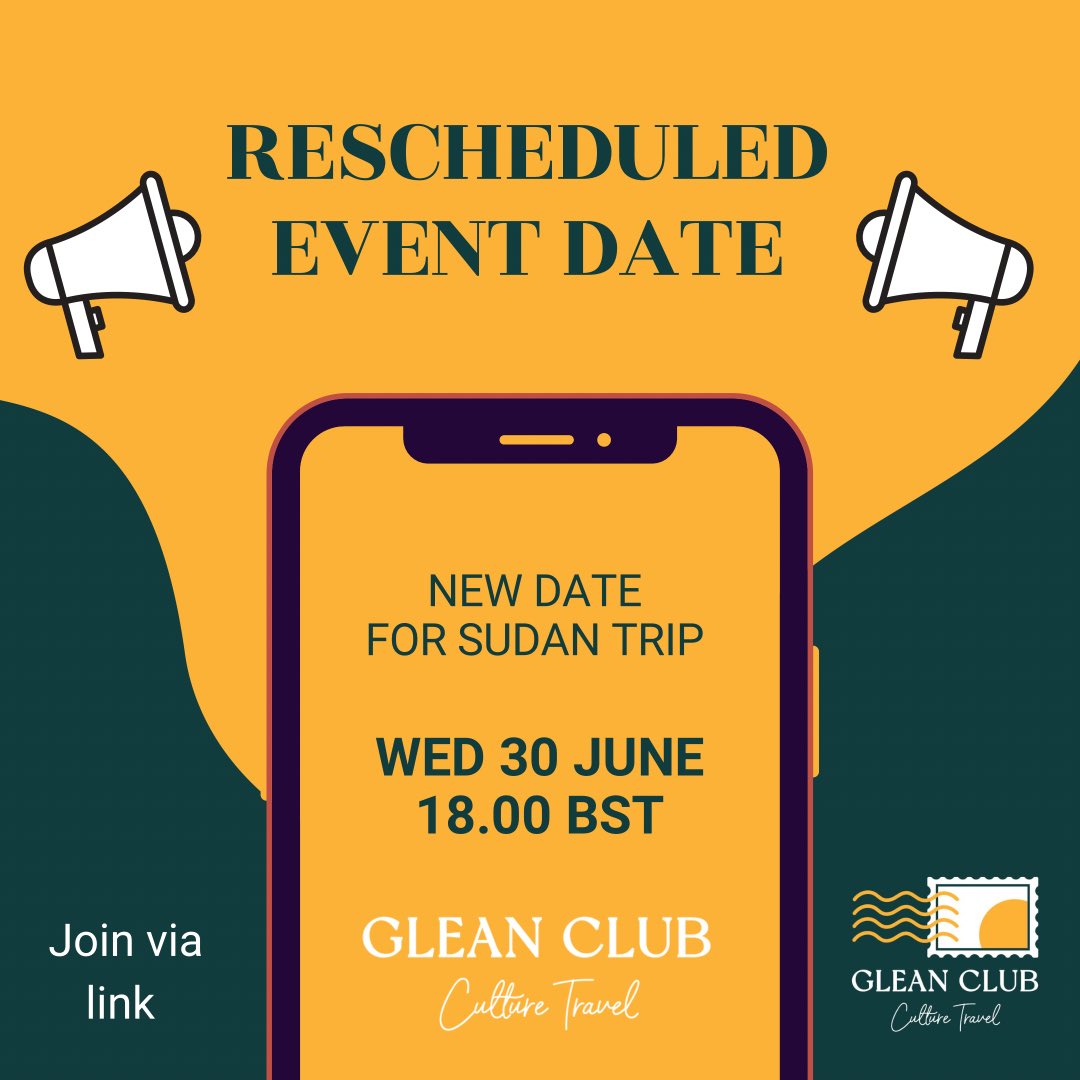 GleanBookTravel's tweet photo. ⚡️newsflash⚡️
Rescheduled #Sudan trip to 30 June 18.00BST 
🙏Apologies for any inconvenience
To register: https://t.co/fRIEetN0xp

#africa #bookstagram #book #bookclub #culturetrip #cultureclub #mena @arablitorg @mena_arts_uk @uclarabnasoc @saqibooks @hivebook_uk @samirasawlani https://t.co/QT1pcPUKZ9