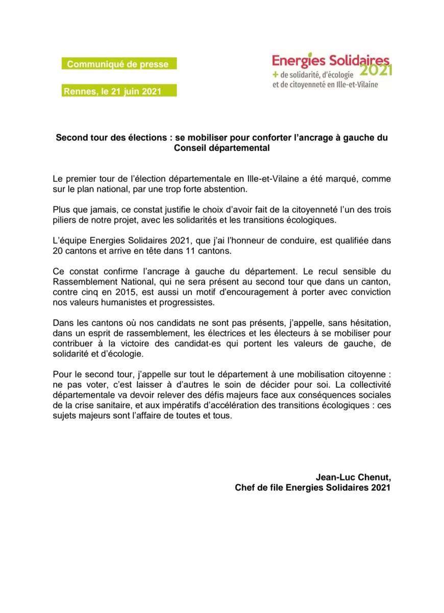 Merci pour votre soutien aux candidat•es de l'équipe #energiessolidaires2021 ! Pour le 2nd tour, mobilisons-nous pour conforter l'ancrage à gauche du Conseil départemental d'#IlleetVilaine.