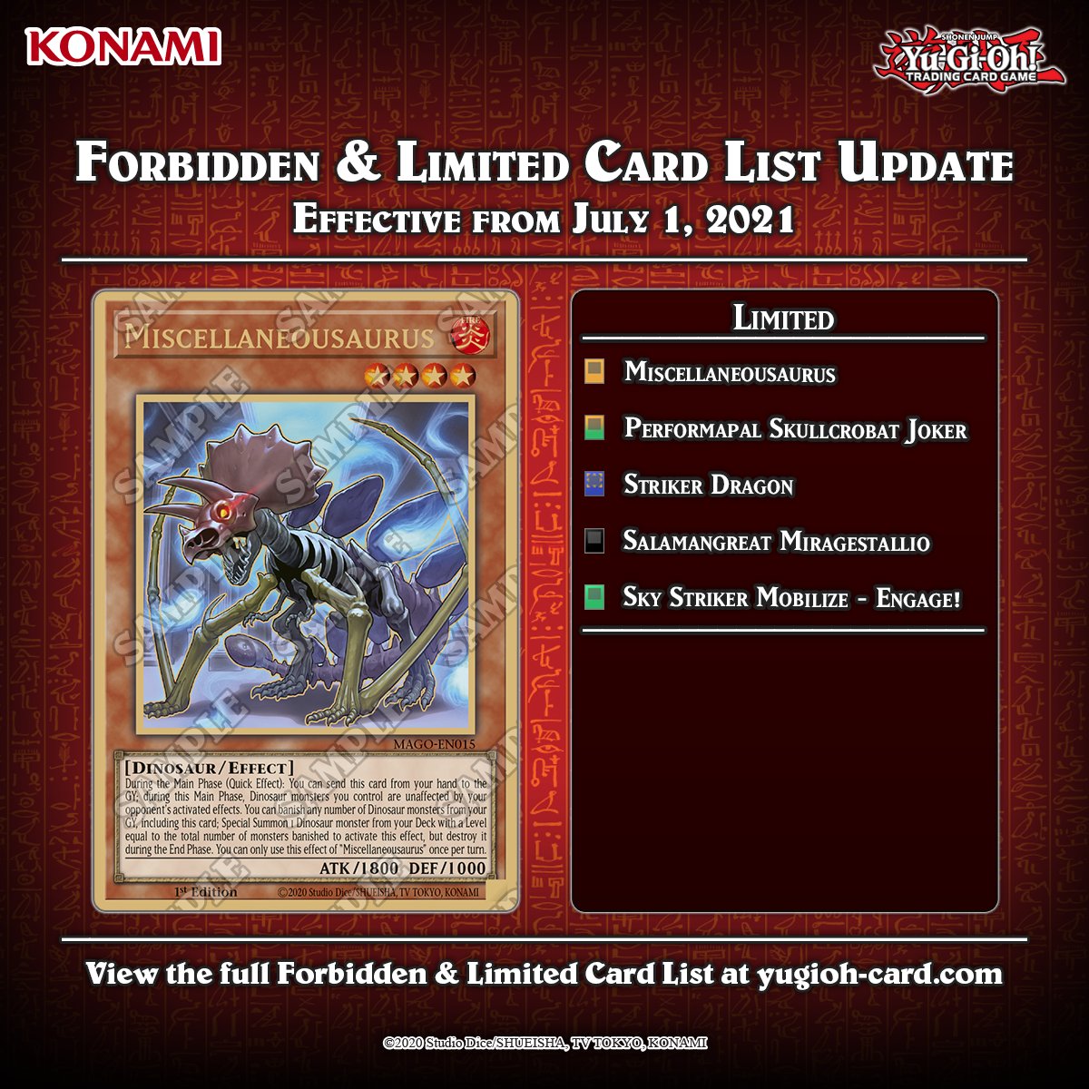 YuGiOh_TCG's tweet photo. Attention Duelists! The #YuGiOhTCG Forbidden &amp; Limited List has been updated!
These changes go into effect on July 1, 2021. 

The full list can be found at: https://t.co/lF0Ap9Fpbl

#YuGiOh https://t.co/oCBprVALKo