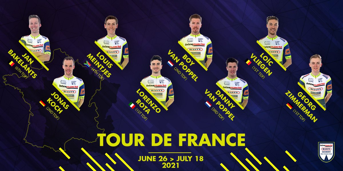 We are proud &amp; excited to introduce the 8 riders for our 4th Tour de France 🇫🇷 👊

🇧🇪 <a href="/Jan_Bakelants/">Jan Bakelants</a> 
🇩🇪 <a href="/jonaskoch3/">Jonas Koch</a> 
🇿🇦 <a href="/LouisMeintjes/">Louis</a> 
🇮🇹 <a href="/rotalorenzo95/">lorenzo rota</a> 
🇳🇱 <a href="/BVP88/">Boy van Poppel</a> 
🇳🇱 <a href="/Dannyvanpoppel/">Danny Van Poppel</a> 
🇧🇪 <a href="/LoicVliegen/">Vliegen Loic</a> 
🇩🇪 <a href="/g_immermann/">G_immerman</a> 

🖼 Marie Pirard Illustration

#TDF2021 #RideForAntoine