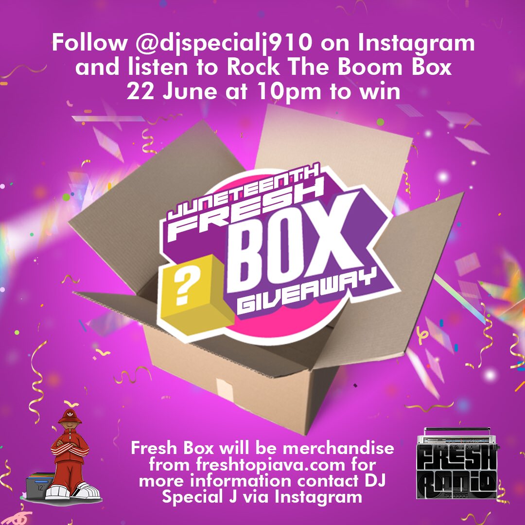 DJSpecialJ910's tweet photo. #Tuesday 10PM EST #RockTheBoomBox #Juneteenth Celebration #FreshBoxGiveaway https://t.co/mgK3ZbjvK3 or Download The App Fresh Radio
For Your Chance to Win
#Follow on Instagram @DJSpecialJ910 #Listen #Answer The Trivia Question via IG #DM
#music #djspecialjgiveaway #ContestAlert https://t.co/sXR1GCmTY4