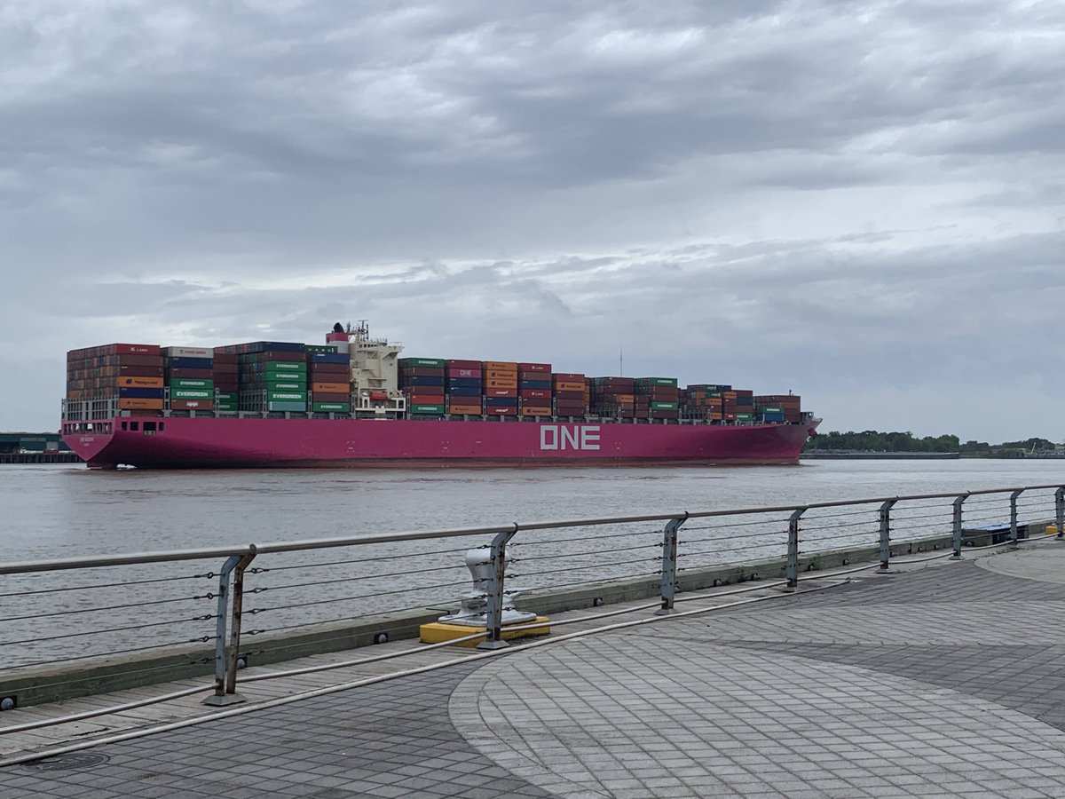 PortNOLA's tweet photo. Our commercial team matching &amp; welcoming the @ONENorthAmerica Modern to New Orleans this morning! We are thrilled to have this #MagentaNotPink vessel at our wharves today! This call launches Port NOLA’s new direct-Asia service the EC6. #ONEModern #portnolagateway https://t.co/n3hdW5XnIZ