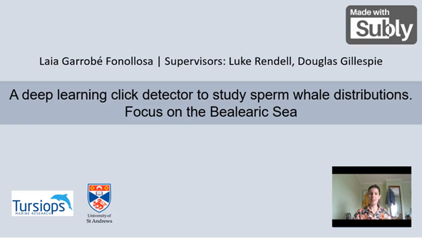 UKIRSC_SMM's tweet photo. Laia Garrobé Fonollosa @_garrobe from @univofstandrews introduces her masters project using a deep learning detector for sperm whale echolocation clicks to study seasonal variations in their distribution in the Balearic Sea #UKIRSC21 https://t.co/19iKVpCUKb