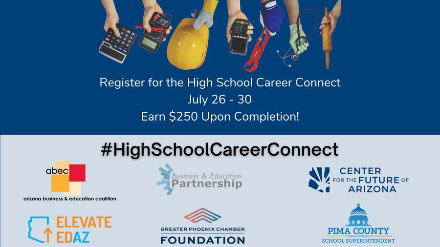 ElevateEdAZ's tweet photo. Are you an incoming 10th, 11th, or 12th grade student? Register to attend a week-long virtual experience and learn about the world of work in high-demand industries in Arizona.
Learn more: https://t.co/b9ClfkO1QB
#ElevateEdAZ #Education #AZStudents #AZEducation https://t.co/EmCyfMEK6e