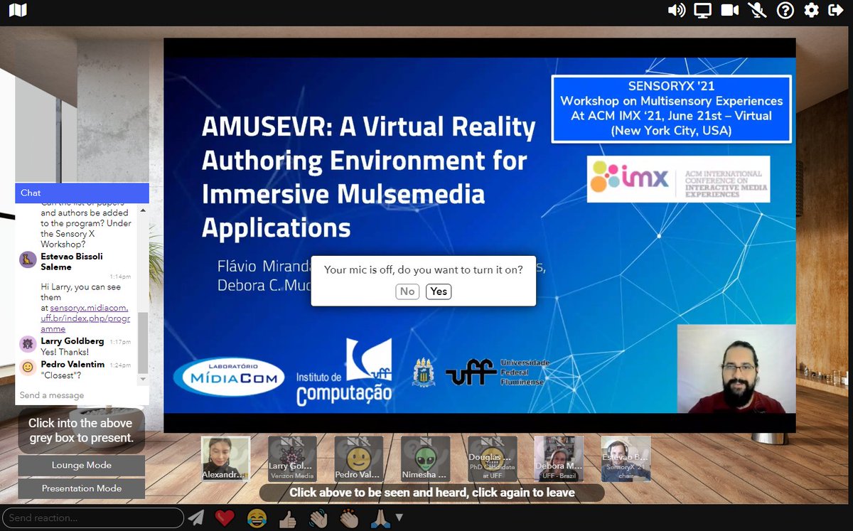 Flavio Miranda de Farias from MídiaCom Lab, UFF, on "AMUSEVR: A Virtual Reality Authoring Environment for Immersive Mulsemedia Applications"

#acmimx @acmimx <a href="/sigmm/">ACM SIGMM</a>