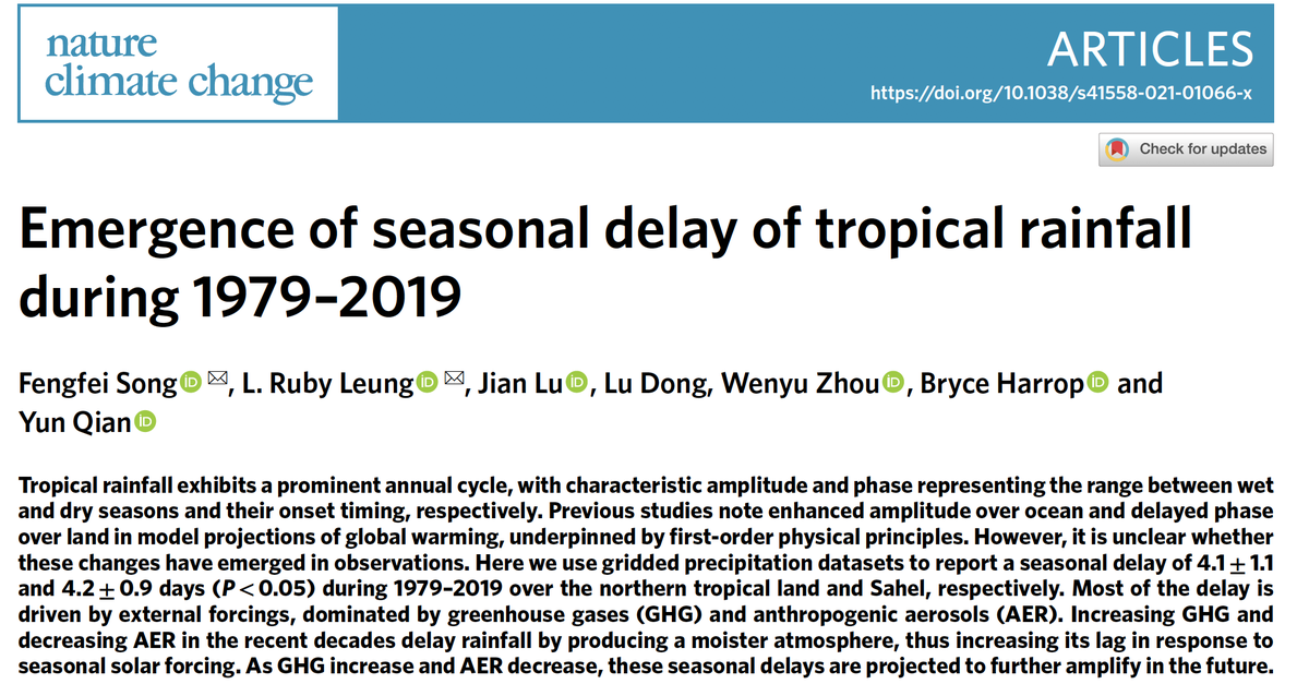 I am pleased to share a new research in Nature Climate Change <a href="/NatureClimate/">NatureClimate</a>. We found the seasonal delay of tropical rainfall, which was previously found under global warming scenarios, has emerged during 1979-2019 over northern tropical land and Sahel.  rdcu.be/cmVSW