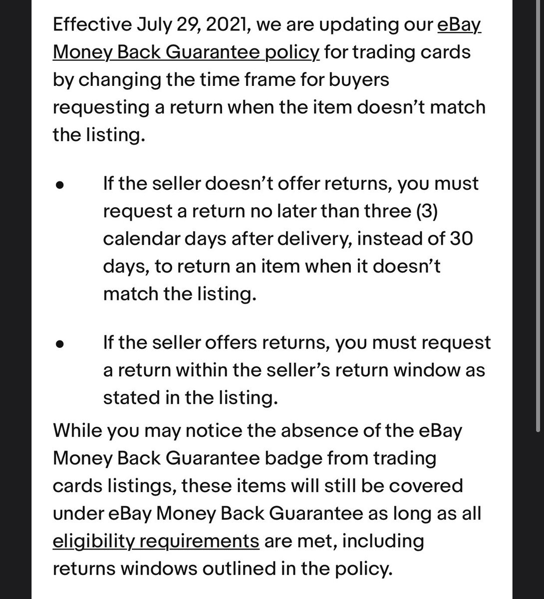 ReillyEagles's tweet image. This is HUGE. No more 30 day returns on sports cards. 3 days now. No more mailing tanked product back 8-29 days later.