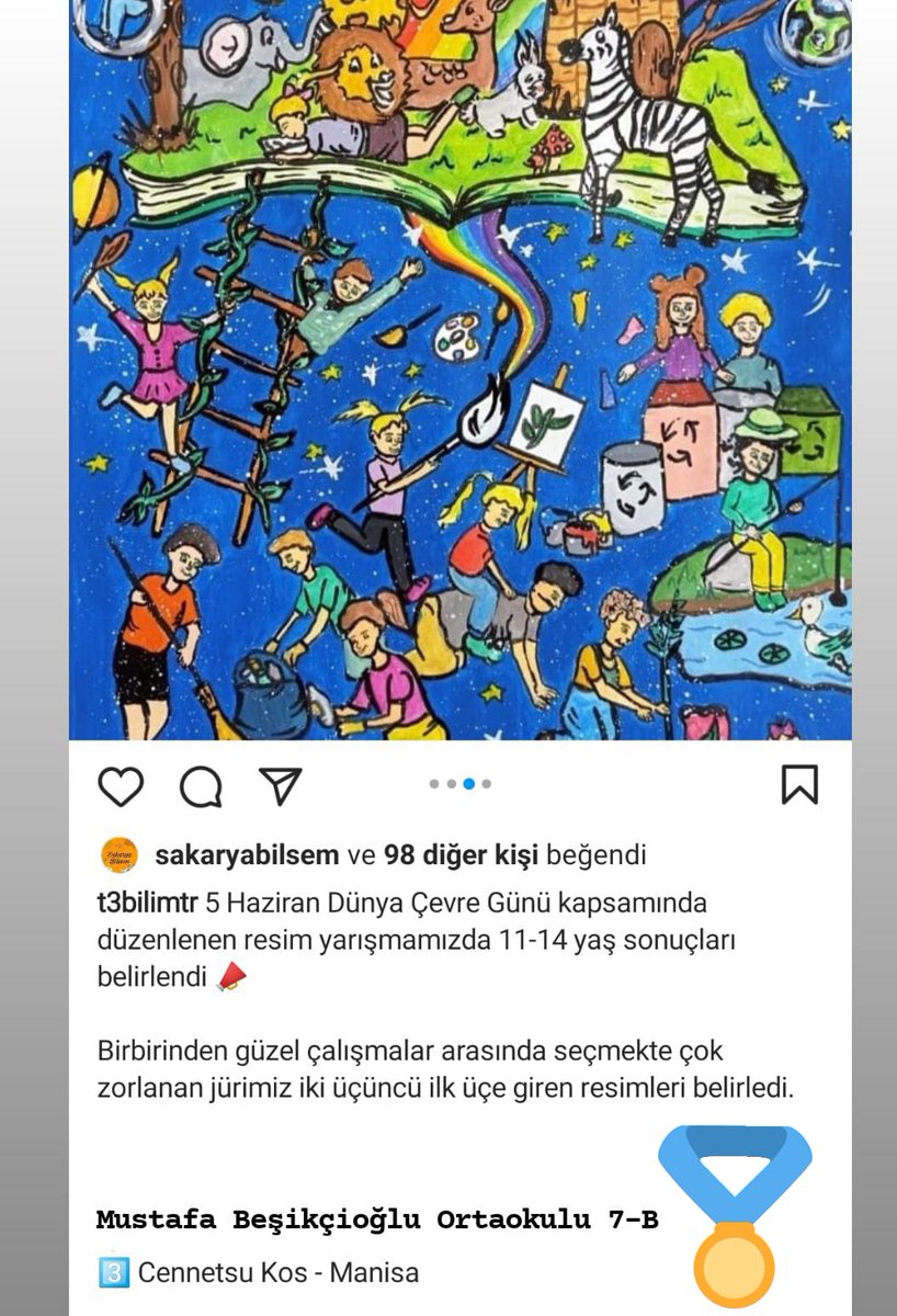 AlaehirMustafa1's tweet photo. Bilim Türkiye'nin hazırlamış olduğu Çevre Koruma konulu Resim Yarışmasında okulumuz 7-B sınıfı öğrencisi Cennetsu  KOS Türkiye 3.sü olmuştur. Başta Görsel Sanatlar Öğretmenimiz İpek YEŞİL' i ve öğrencimizi kutlarım...👏👏👏 https://t.co/IWhhrf7WHr