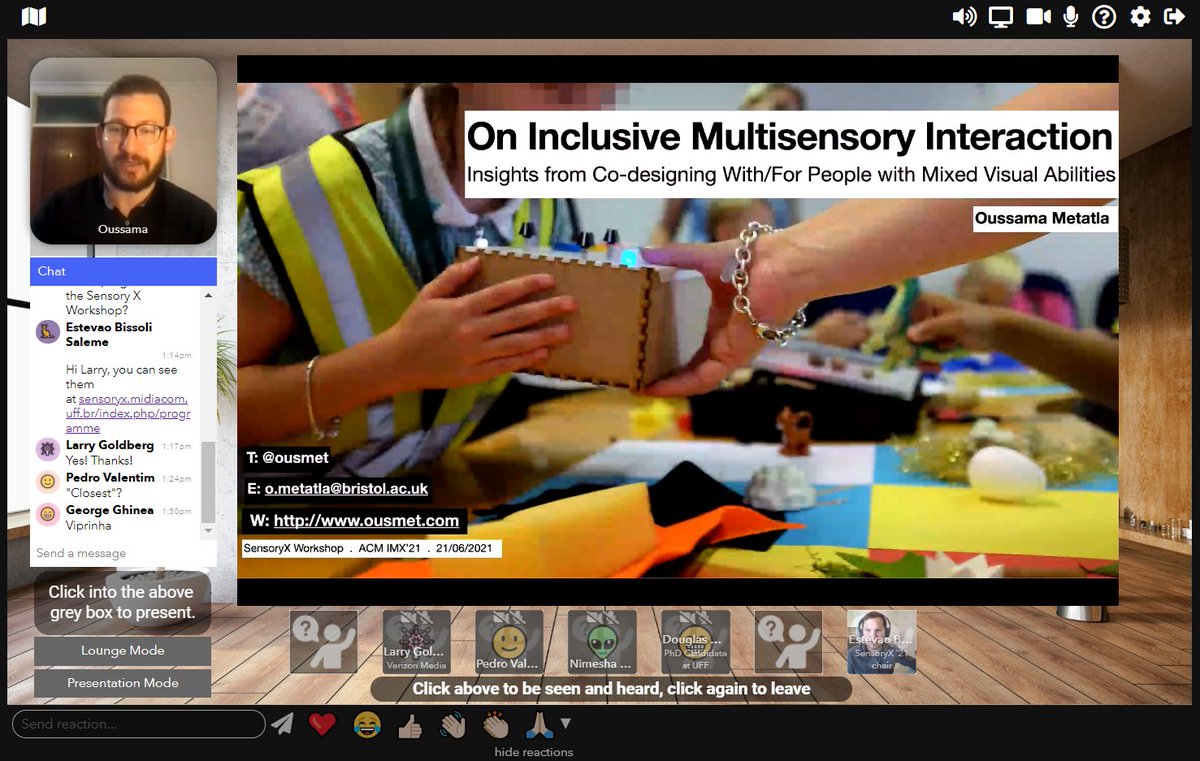Closing keynote talk from Dr <a href="/ousmet/">Oussama Metatla</a> from the <a href="/BristolUni/">University of Bristol</a> giving a quite relevant talk on "On Inclusion and Multisensory Interaction: Insights From Co-designing With/For People With Mixed Visual Abilities"

#multisensory #inclusivedesign #hci
#acmimx @acmimx <a href="/sigmm/">ACM SIGMM</a> <a href="/sigchi/">ACM SIGCHI</a>