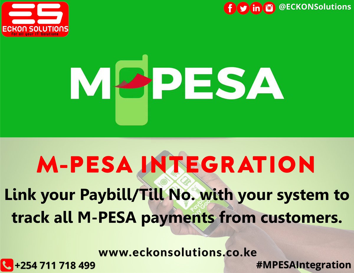 M-PESA INTEGRATION

Link your Paybill/Till No. with your system to track all M-PESA payments from your customers.

#MPESA #MPESAIntegration #Payments #PaymentsIntegration #ECKONSolutions 

eckonsolutions.co.ke

ECKON Solutions Ltd.
For All Your IT Solutions.