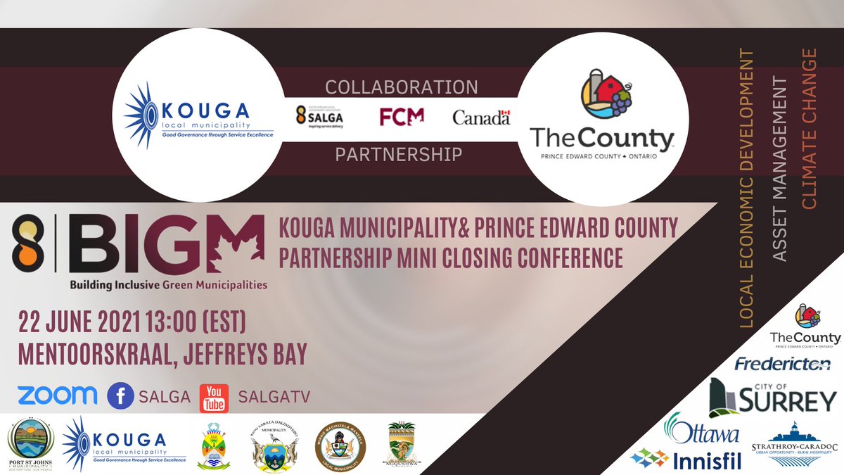 #BIGM <a href="/KougaMuni/">Kouga Municipality</a> &amp; <a href="/Shire_Hall/">County of Prince Edward - Municipal Government</a> partnership mini closeout conference on Zoom.
When: Jun 22, 2021
Time: 13:00
Venue: Jeffrey’s Bay
Register in advance for this meeting:
salga-org-za.zoom.us/meeting/regist…

After registering, receive confirmation email containing info on joining meeting