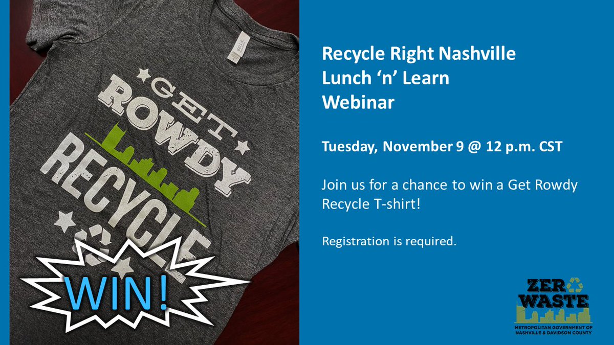 ZeroWasteNash's tweet photo. Join us on Tuesday, November 9 at noon to learn about the importance of recycling and how to recycle right. Participants will also have a chance to win a Get Rowdy Recycle Right T-shirt.

Register today ➡ https://t.co/b3A8aLgNMY. https://t.co/Cc1CsvoTxz