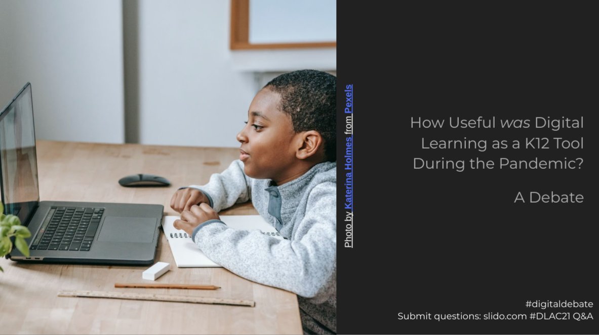 A huge thanks to our debate panel at <a href="/theDLAC/">DLAC</a> (@banzon_marie, @mkbtuc <a href="/cathycavanaugh/">Cathy Cavanaugh 🦩</a> and <a href="/philneufeld/">Philip Neufeld</a>) for lending their voices to this session! Where did technology help during pandemic - and what were it's limitations? Moderated by TLRC's <a href="/EdResearchWorks/">Dr. Sarojani Mohammed</a>!
#digitaldebate