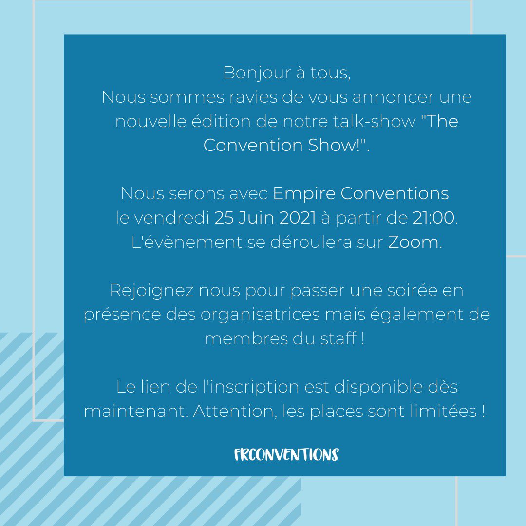 FrConventions's tweet photo. Nous serons à nouveau en direct sur Zoom vendredi soir avec l’équipe de @EmpireConv ! Ce sera l’occasion de debriefer la #ASOCASGV et de parler des conventions futures 💙
Inscriptions ⬇️
https://t.co/yBu9P3YSvX https://t.co/iaiZHotwb5
