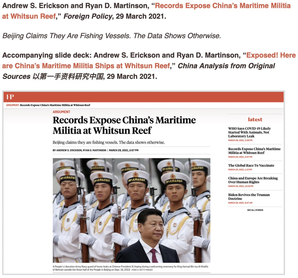 AndrewSErickson's tweet photo. ...as well as the org + fleet dev’t & ops of China’s #CoastGuard, #MaritimeMilitia & survey vessels.
Recently, Ryan’s used #OpenSources to expose official #PRC false denials of #PAFMM vessels @ #WhitsunReef in #Philippines’ #EEZ.
Proud to work with him!
https://t.co/idePVfcA3H https://t.co/dNe7N203HX