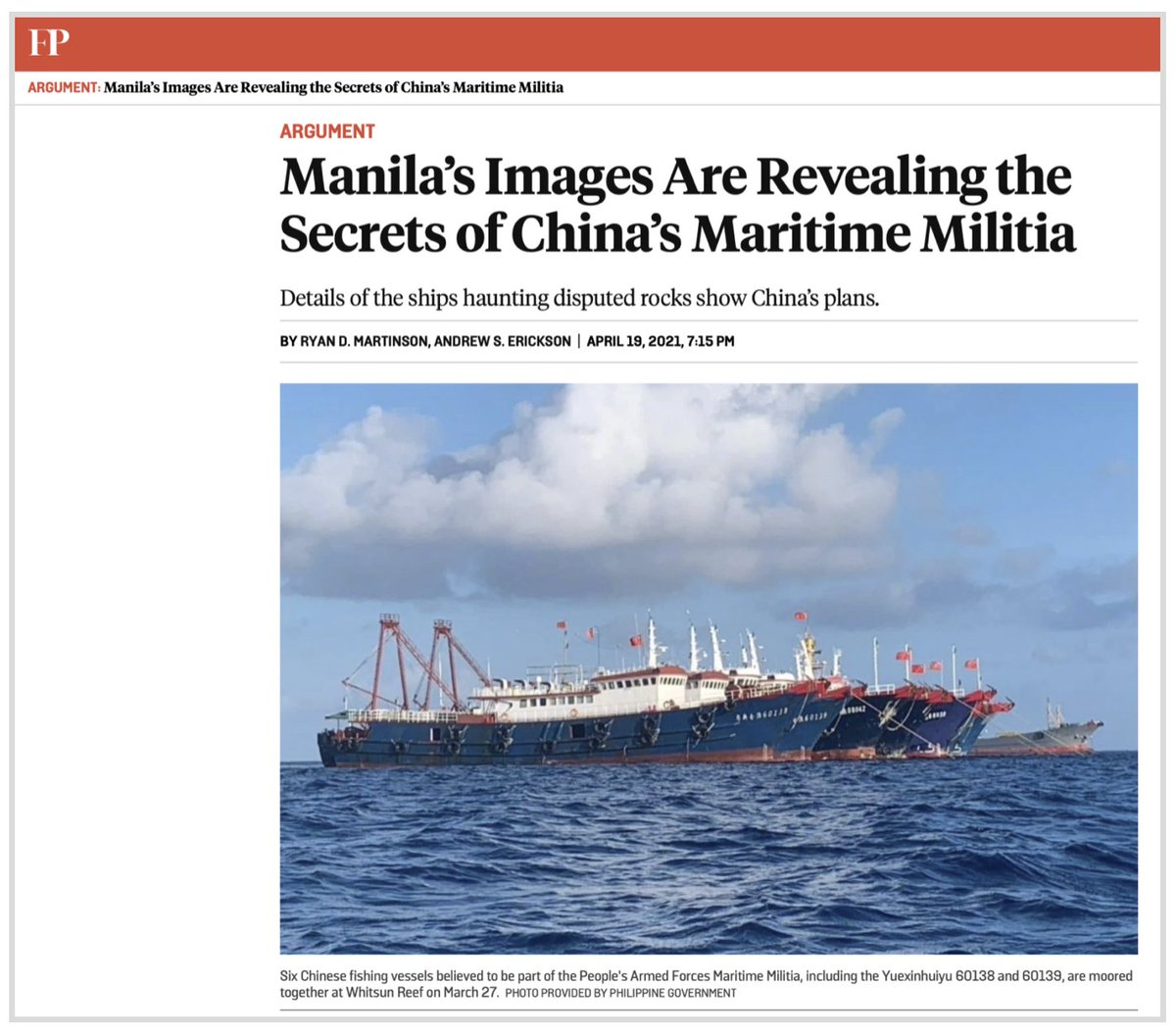 AndrewSErickson's tweet photo. ...as well as the org + fleet dev’t & ops of China’s #CoastGuard, #MaritimeMilitia & survey vessels.
Recently, Ryan’s used #OpenSources to expose official #PRC false denials of #PAFMM vessels @ #WhitsunReef in #Philippines’ #EEZ.
Proud to work with him!
https://t.co/idePVfcA3H https://t.co/dNe7N203HX