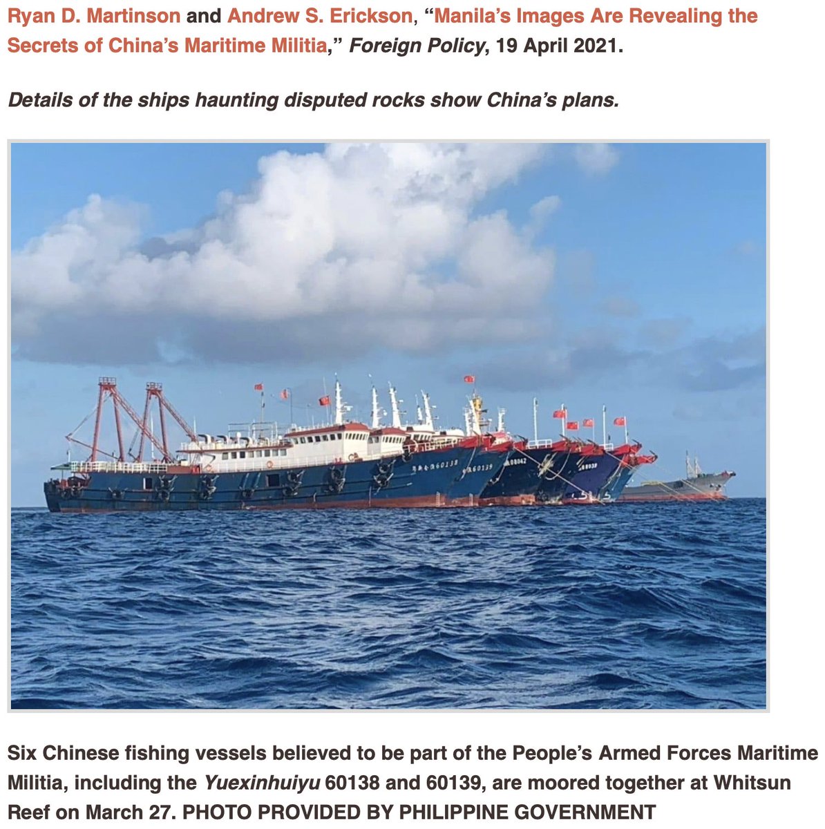 AndrewSErickson's tweet photo. ...as well as the org + fleet dev’t & ops of China’s #CoastGuard, #MaritimeMilitia & survey vessels.
Recently, Ryan’s used #OpenSources to expose official #PRC false denials of #PAFMM vessels @ #WhitsunReef in #Philippines’ #EEZ.
Proud to work with him!
https://t.co/idePVfcA3H https://t.co/dNe7N203HX