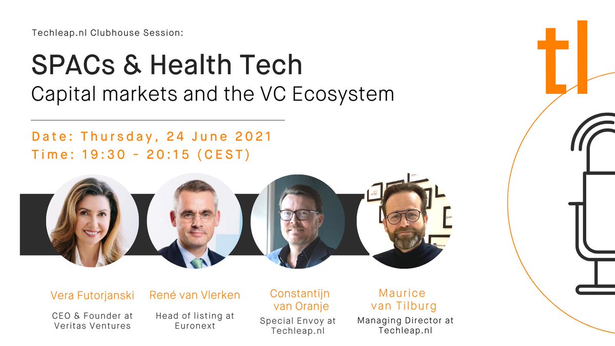 📆 Join us on 24 June at Clubhouse 👋

This time, a practical session for LPs/GPs &amp; Scaleup founders where we dive deeper into the world of SPACs and Dutch Health Tech

Click here to add the session to your calendar and join the session⤵️
hubs.li/H0QGwp_0