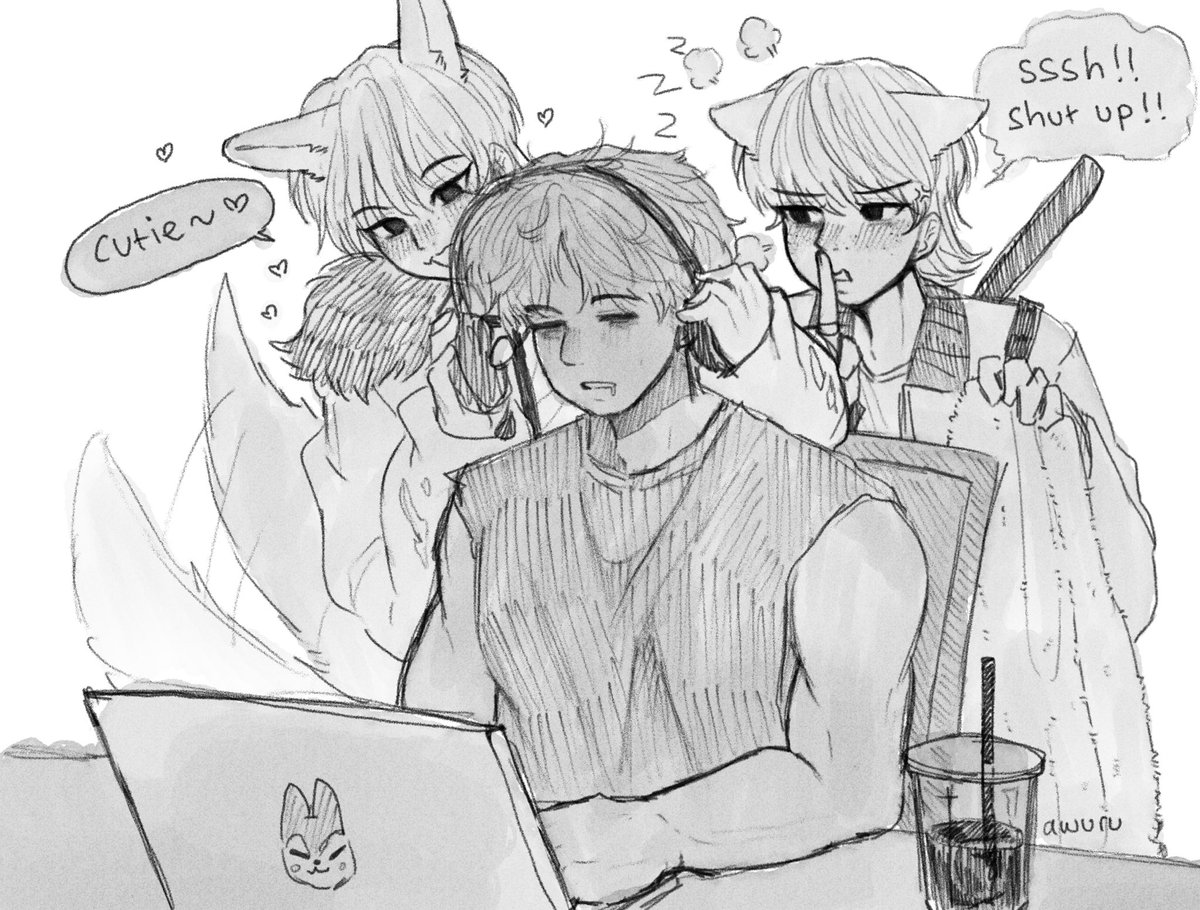 Have a little rkgk of Wolfgang Lix and Shindududu Lix taking care of a sleepy Chan in the studio~

Thank you for 600 on twt and 1k on ig 🥺🥺 
#Straykidsfanart 