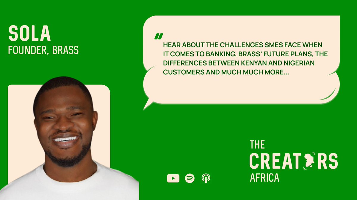 TheCreatorsAfr's tweet photo. We are back!! With an amazing episode about SME banking with Sola @akindolu the founder of @brassbanking. Hear about Brass' future plans, Sola's thoughts on Nigerian &amp; Kenyan SMEs, Brass' learnings and so much more!

Listen now on Spotify, Apple Podcasts and Google Podcasts https://t.co/FFnsdYqZSk