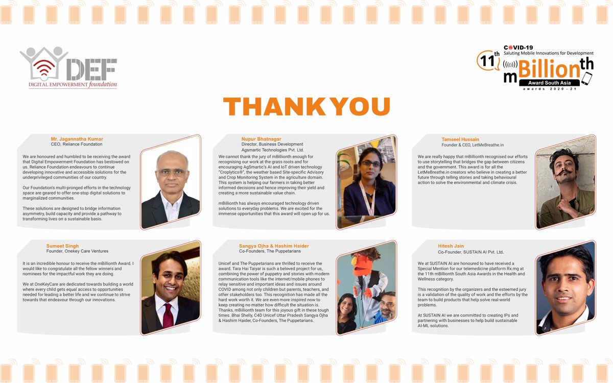 We are thankful to all the participants for investing your time and efforts and showcasing the unique ways to make the world a better place. 

Congratulations to all the #Winners &amp; #SpecialMentions &amp; thanks for these wonderful notes!

#mBillionthAward #DEFIndia 
<a href="/ril_foundation/">Reliance Foundation</a>