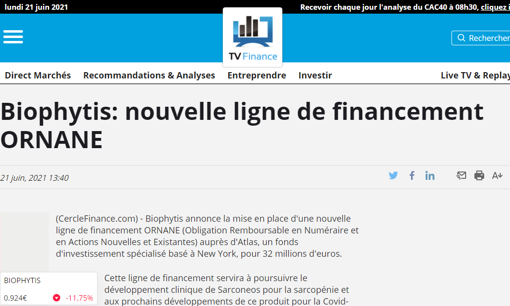 TV_Finance's tweet photo. 🔔#Biophytis: nouvelle ligne de financement #ORNANE
➡️https://t.co/8qKusp2wAm https://t.co/tEZLBSu7Tx