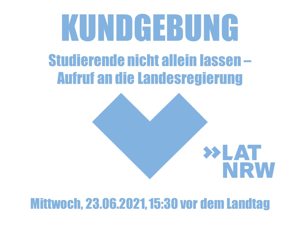 KUNDGEBUNG: 23.06.2021 ab 15:30 vor dem Landtag 

#Studierende nicht allein lassen - Aufruf an die Landesregierung!

Mehr Infos⬇️
