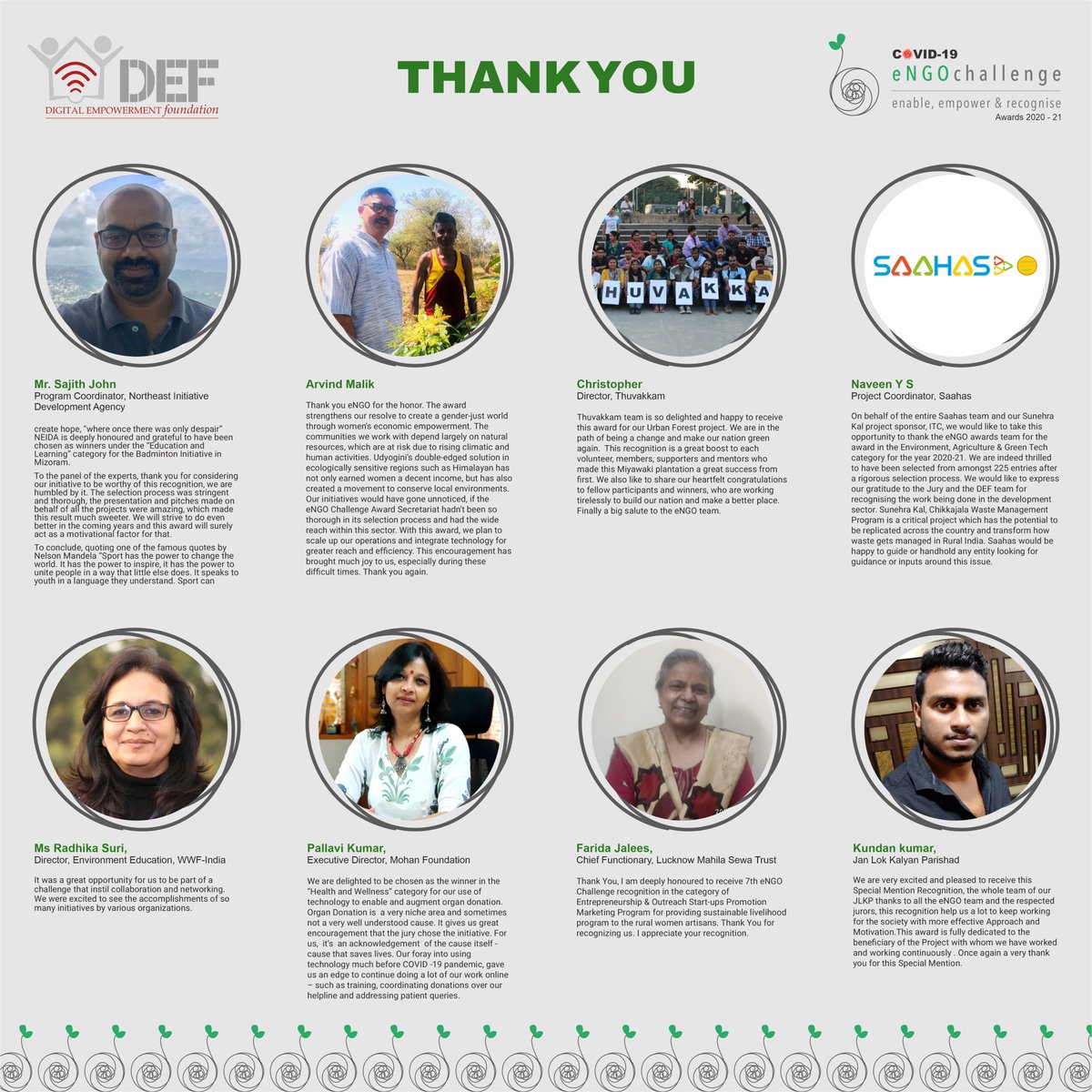 We are thankful to all the participants for investing your time and efforts and showcasing the unique ways to make the world a better place. 

Congratulations to all the #Winners and #SpecialMentions, and thanks for these wonderful notes!

#eNGOChallengeAward #DEFIndia