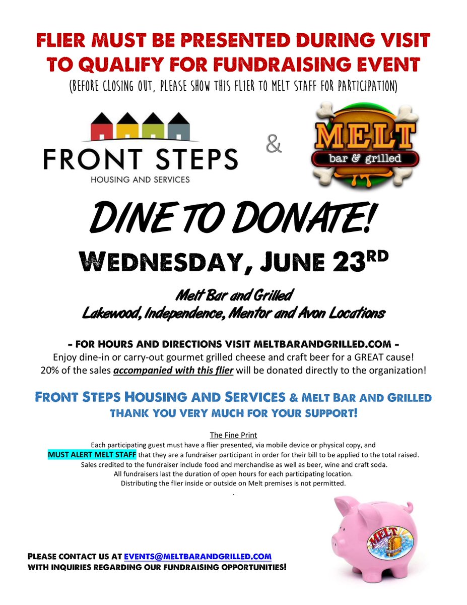MaiseynJoshDad's tweet photo. #Help @FrontstepsC with their #DinetoDonate fundraiser @MeltBarGrilled on June 23! SHOW THIS IMAGE when dining-in or eating-out & 20% of ALL sales goes to help #FrontSteps. @CityofCleveland @CuyahogaCounty @CleCityCouncil @ohiocitytweets @tupchurch216 @KerryMcCormack1 @TheCLE https://t.co/En7WAdrtnv