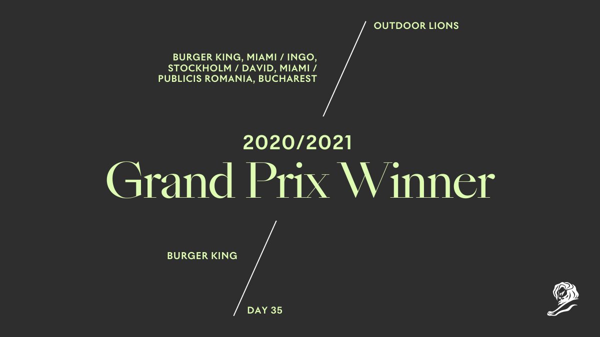 Cannes_Lions's tweet photo. Huge Congratulations to @BurgerKing, Ingo Stockholm, @weareDAVIDmia and @PublicisRomania for winning the Outdoor Grand Prix at #CannesLions2021 for “Day 35”. 🎉🎉🎉. Check out the winning work: https://t.co/aLGC5RFoqv. Outdoor Lions In partnership with @Microsoft . https://t.co/T7MUUsvVBG