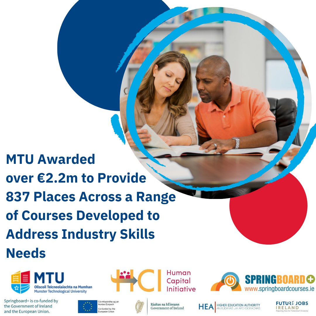 MTU_ie's tweet photo. Munster Technological University is proud to now have secured funding that will give us the ability to offer 837 places under the new Springboard+ and Human Capital Initiatives for the academic year 2021/2022.
For further information please visit: https://t.co/6m4FfDZIjv https://t.co/cEdnUSgTtF