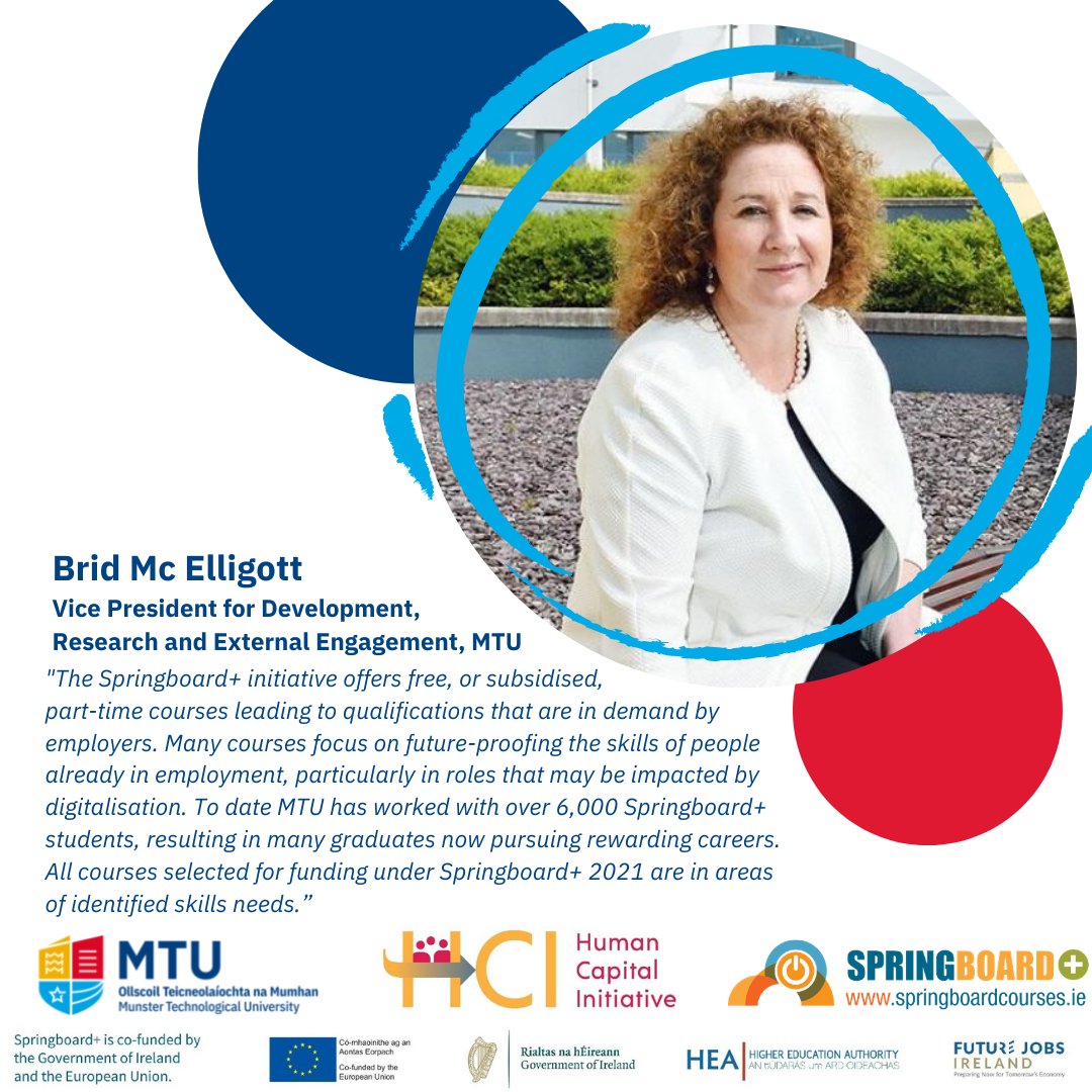 MTU_ie's tweet photo. Munster Technological University is proud to now have secured funding that will give us the ability to offer 837 places under the new Springboard+ and Human Capital Initiatives for the academic year 2021/2022.
For further information please visit: https://t.co/6m4FfDZIjv https://t.co/cEdnUSgTtF