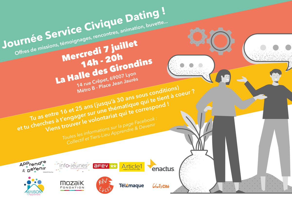 Jeune entre 16 et 25 ans (30 ans sous conditions) ou structure associative lyonnaise ? Rendez-vous le mercredi 7 juillet à la Halle des Girondins pour une Journée Service Civique Dating ! Toutes les informations sont juste ici 👉 urlz.fr/fXbI