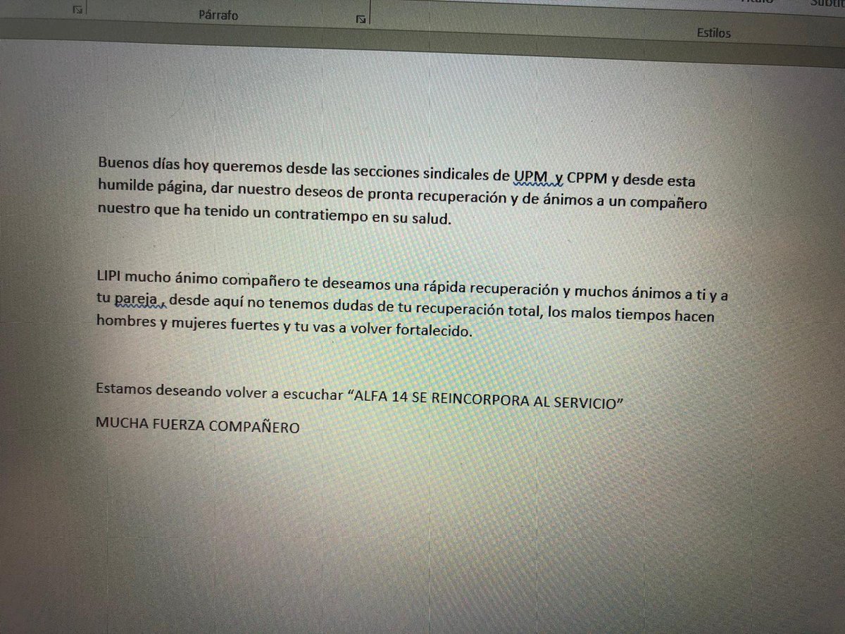 Hoy las secciones sindicales de UPM y CPPM de Paracuellos de Jarama queremos desear la pronta recuperación y desearle muchos ánimos a un compañero y afiliado que ha tenido un contratiempo en su Salud.

cppm.es/paracuellos-de…