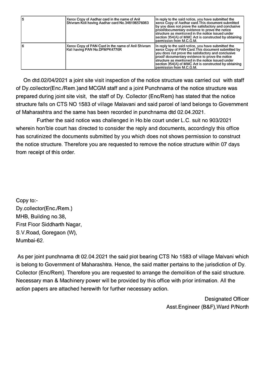 CTS No.1583, साई दरिया धाबाच्या मागे, मार्वे रोड, मालवणी चर्च, मालाड प., मुंबई 95 येथे मयूर केणी व अनिल कोळी यांच्याद्वारे मॅग्रोज झाडांची कत्तल करून त्याजागेवर २० खोल्यांची एक मजली इमारतीचे अनधिकृत बांधकाम केले आहे यावर कारवाइ करण्यात यावी.
<a href="/CMOMaharashtra/">CMO Maharashtra</a>
<a href="/CollectorMsd/">Collector Mumbai Sub</a> <a href="/mybmc/">माझी Mumbai, आपली BMC</a>