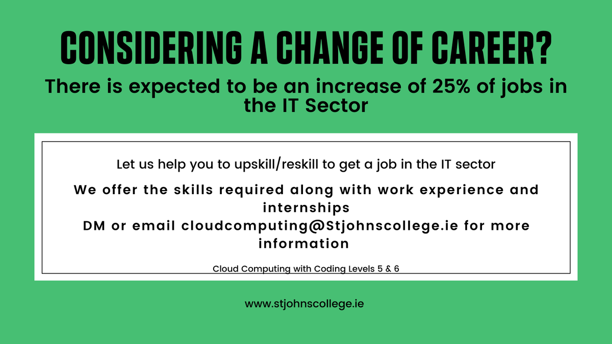 CloudCompCCFET's tweet photo. 25% more #ITjobs could be available by the end of 2021!
If you are considering #achange, #upskilling, #reskilling or #learningNewSkills in #IT then let us help you! 
Apply online today! https://t.co/wwLAtBpLoM