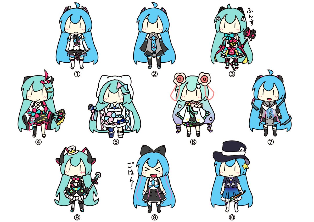 hatsune miku ,magical mirai miku multiple persona long hair hair ornament aqua hair very long hair top hat > <  illustration images