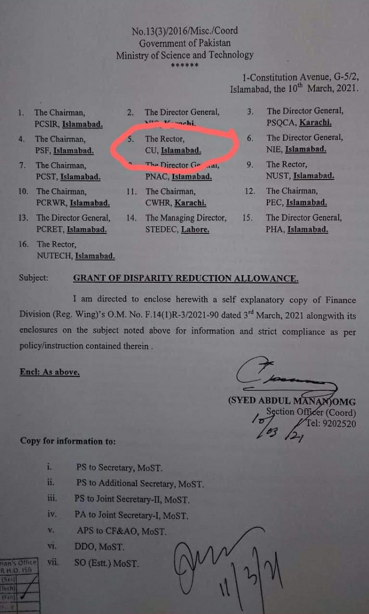 Request for DRA allowance for cui employees ..as per ministry of science and technology notification 
<a href="/shiblifaraz/">Senator Shibli Faraz</a> 
<a href="/MinistryofST/">Ministry of Science & Technology</a>