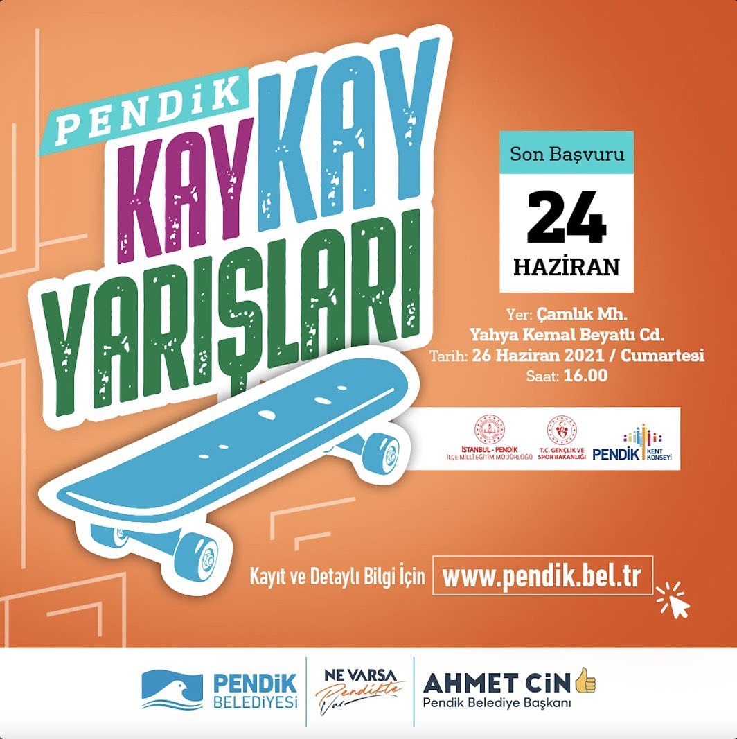 PendikGM's tweet photo. 📣 Pendik Kaykay Yarışlarında sen de yerini al! Kayıtlar devam ediyor. 🛹

📍 Çamlık Mh. Yahya Kemal Beyatlı Cd.
🗓️ 26 Haziran 2021 Cumartesi
🕘 16.00

🗓️ Son Başvuru: 24 Haziran 

🖥️ Kayıt ve detaylı bilgi için; https://t.co/lQolXOyjzF https://t.co/eS5e4BER1D https://t.co/Mw0ZDbVjZi