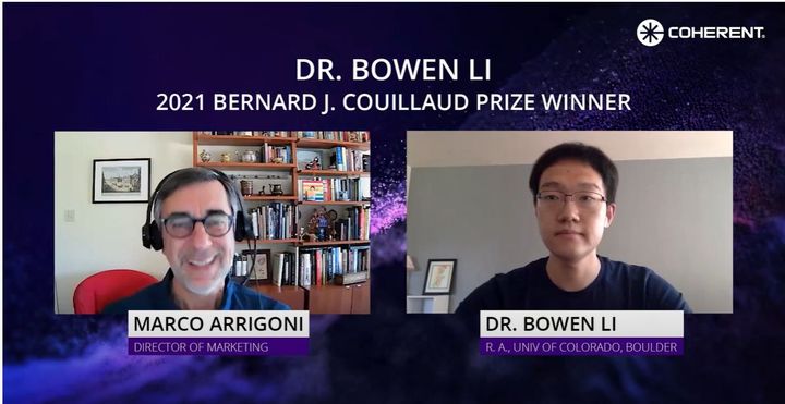 CoherentLaser's tweet image. 🏆 Coherent, Inc. and the #OSAFoundation are proud to announce the 2021 winner of the Bernard J. Couillaud prize Dr. Bowen Li, Research Associate at the @CUBoulder. Learn more about Dr. Li’s work on a next-generation, dual-comb laser source: bit.ly/3qljCQX

#Photonics