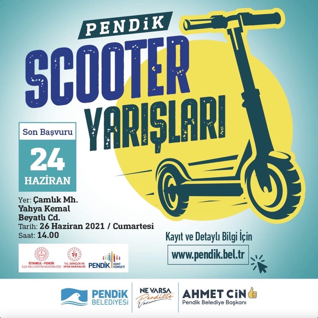 PendikGM's tweet photo. 📣 Pendik Scooter Yarışlarında sen de yerini al! Kayıtlar devam ediyor. 🛴

📍 Çamlık Mh. Yahya Kemal Beyatlı Cd.

🗓️ 26 Haziran 2021 Cumartesi
🕘 14.00

🗓️ Son Başvuru: 24 Haziran 

🖥️ Kayıt ve detaylı bilgi için; https://t.co/lQolXOyjzF https://t.co/PFNjmb9q19 https://t.co/BDzMtfESM1