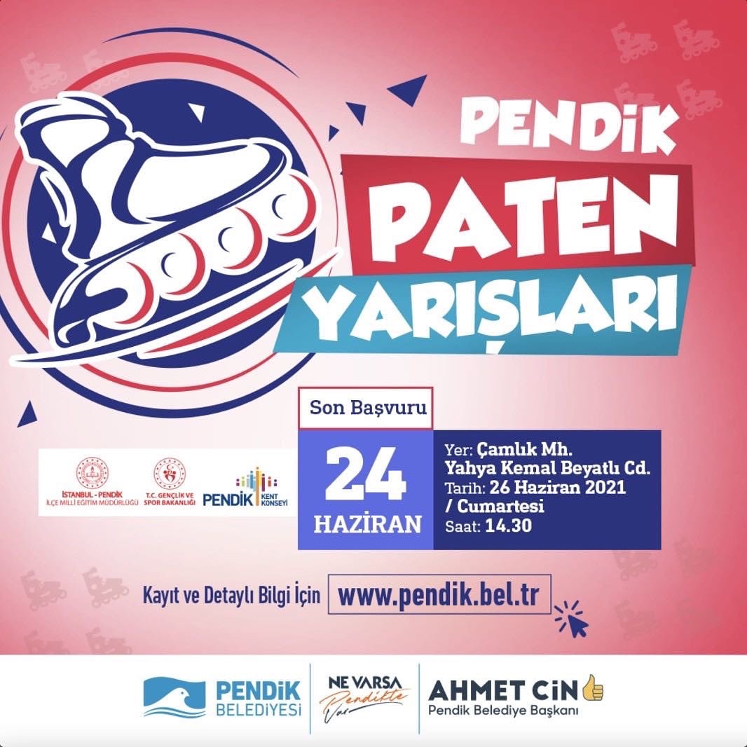 PendikGM's tweet photo. 📣 Pendik Paten Yarışlarında sen de yerini al! Kayıtlar devam ediyor. 🛼

📍 Çamlık Mh. Yahya Kemal Beyatlı Cd.

🗓️ 26 Haziran 2021 Cumartesi
🕘 14.30
🗓️ Son Başvuru: 24 Haziran 

🖥��� Kayıt ve detaylı bilgi için; 
https://t.co/lQolXOyjzF https://t.co/Bbt1golA3S https://t.co/ogwyZgxsCL