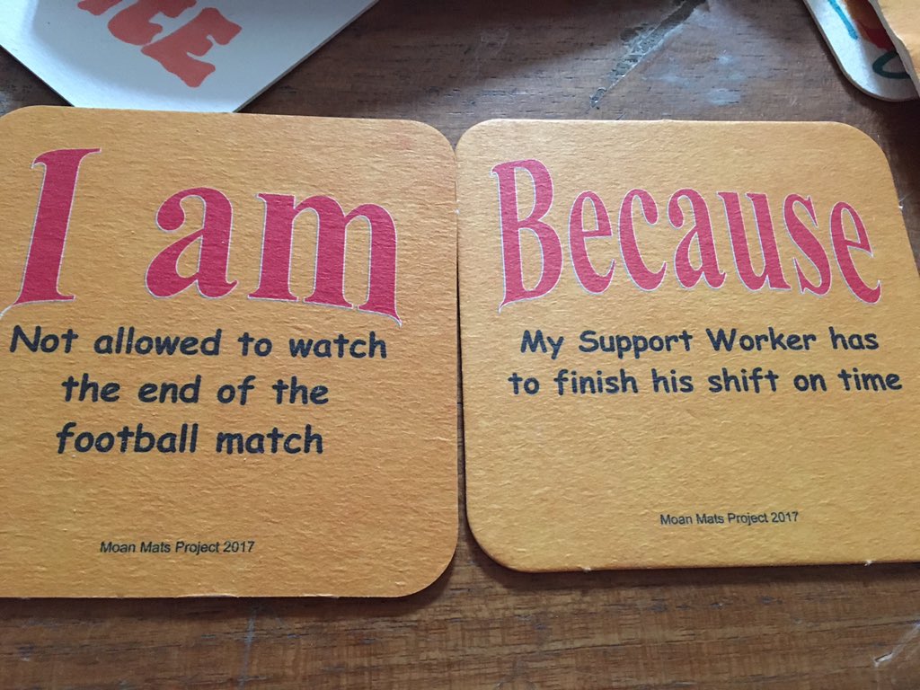 BEYOND Artist Stephen has been telling us about the issue of early bed times and the inability to attend events like football, through his art activism like these beer mats #LearningDisability #ArtActivism