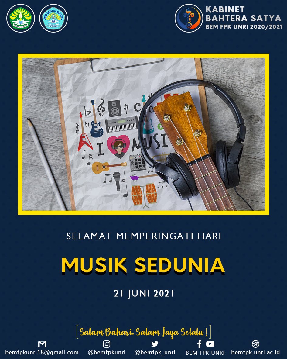 BEMFPK_UNRI's tweet photo. [ HARI MUSIK SEDUNIA ]
•
Assalamualaikum warahmatullahi wabarakatuh.
Hidup Mahasiswa!
Salam Bahari, Salam Jaya Selalu!
•
Hari Musik Sedunia diperingati pada tanggal 21 Juni setiap tahunnya.
[ Selengkapnya ] https://t.co/YKXc5xSBR1 https://t.co/L4sFPVvrV7
