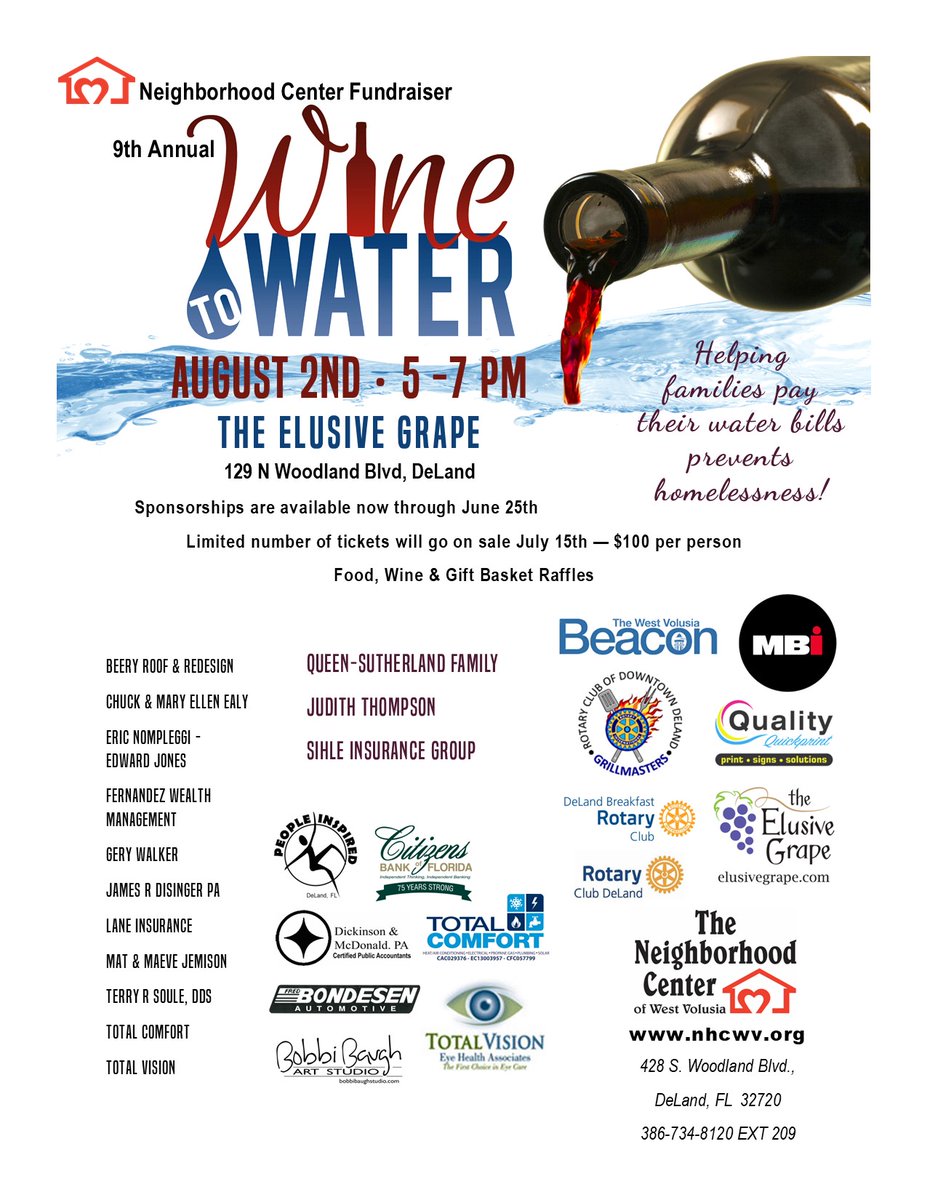 Join these sponsors for our 9th annual Wine to Water event. 
Proceeds from Wine to Water benefit needy families by paying their water bills which prevents them from becoming homeless. Each year we provide this assistance to over 300 local households. 

neighborhoodcenterwv.org/wine-to-water-…