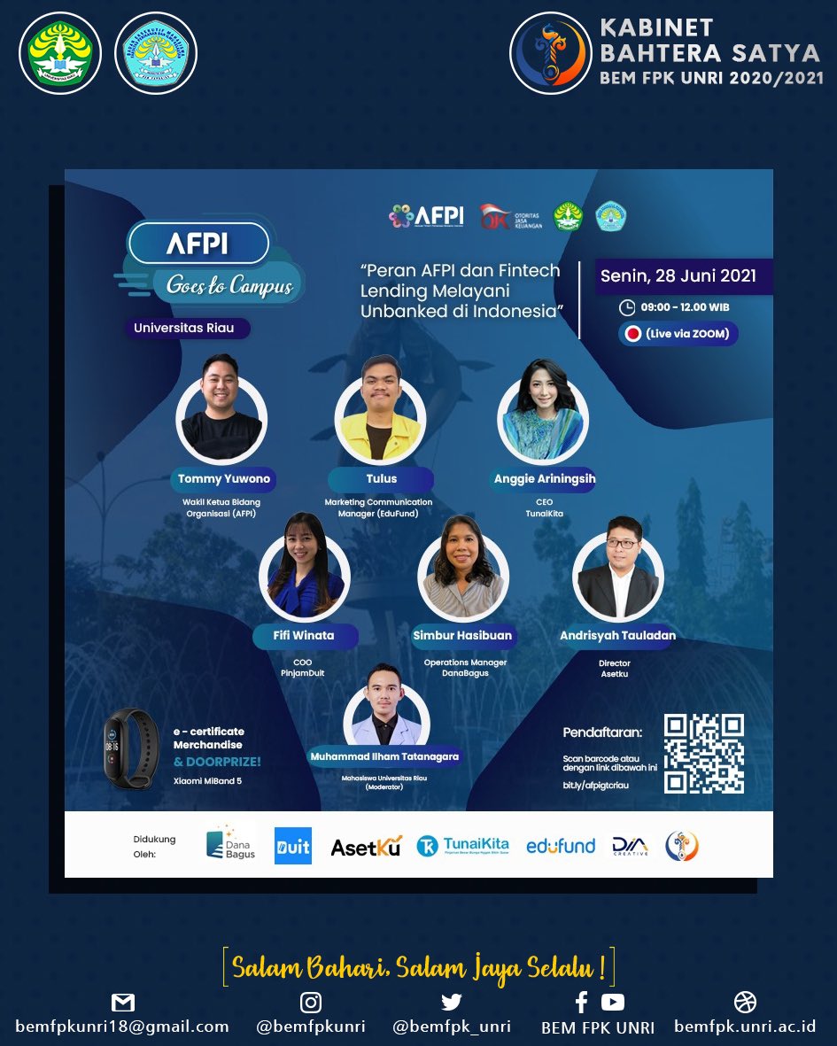 BEMFPK_UNRI's tweet photo. [ WEBINAR EDUKASI AFPI ]
•
Assalamualaikum warahmatullahi wabarakatuh.
Hidup Mahasiswa!
Salam Bahari, Salam Jaya Selalu!
•
Hadiri Webinar Edukasi AFPI goes to campus yang di persembahkan oleh Asosiasi Fintech Pendanaan Bersama Indonesia
[ Selengkapnya ] https://t.co/5QlJSbj40V https://t.co/9IKVzcVOYo
